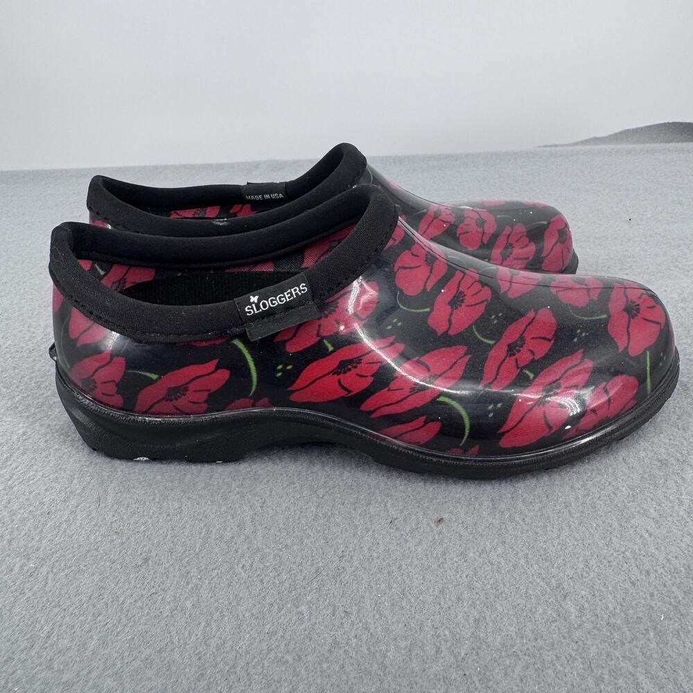 Sloggers Garden Clogs Waterproof Floral Poppy Slip On Womens 6 Black Red USA